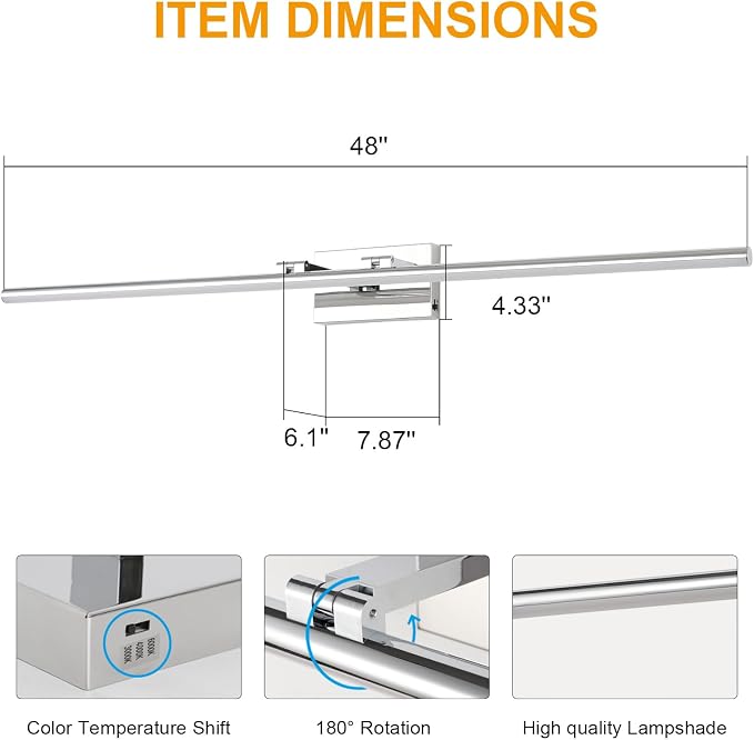 LED Bathroom Vanity Light, Modern Bathroom Light Fixture Over Mirror (3000K/4000K/6000K, Dimmable), Vanity Light Bar with Angle Adjustable, 48 Inch, Chrome