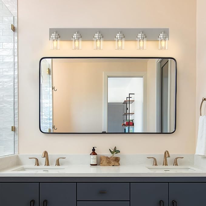IZORRO Bathroom Vanity Light Fixture, 6-Light 46 Inch Brushed Nickel Bathroom Light Fixtures Over Mirror, with Clear Glass Shade, Modern Farmhouse Vanity Lights, Rustic Restroom Lighting Fixtures