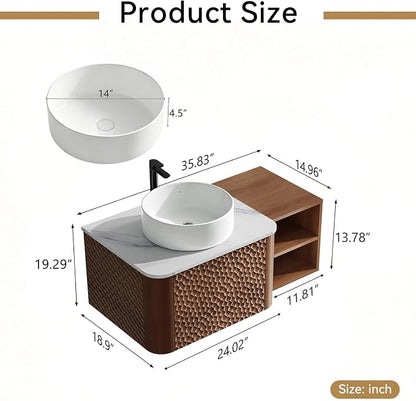 36 Inch Modern Bathroom Vanity with Ceramic Sink, Floating Bathroom Sink Cabinet with Sintered Stone Top&Solid Wood Hammered Frame, Single Bathroom Vanities w/Soft-Close Drawer&Side Open Cube