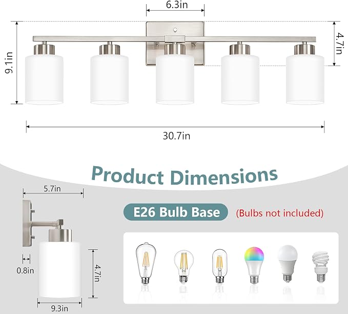 Brushed Nickel Bathroom Light Fixtures, 5-Light Modern Vanity Lights with Milky White Frosted Glass Shades, Wall Sconces for Mirror, Bathroom, Restroom (E26 Socket)
