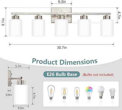 Brushed Nickel Bathroom Light Fixtures, 5-Light Modern Vanity Lights with Milky White Frosted Glass Shades, Wall Sconces for Mirror, Bathroom, Restroom (E26 Socket)