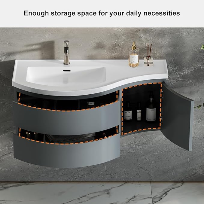KunMai 35.4" Modern Floating Bathroom Vanity with Sink, Wall Mounted Stone Resin Top Vanity Cabinet with Storage Drawers & Door, White Wall Hung Vanity for Small Bathrooms