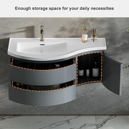 KunMai 35.4" Modern Floating Bathroom Vanity with Sink, Wall Mounted Stone Resin Top Vanity Cabinet with Storage Drawers & Door, White Wall Hung Vanity for Small Bathrooms