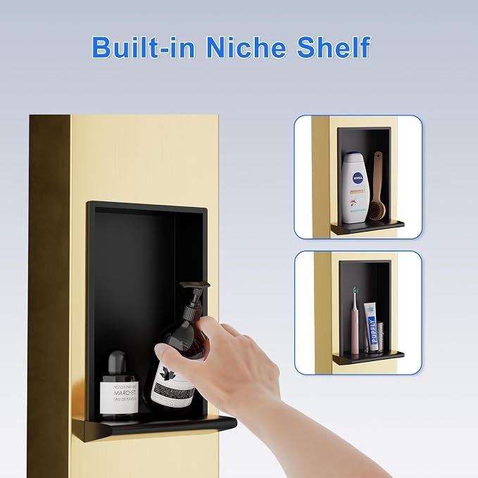 POPFLY Shower Panel Tower System with Shelf, Adjustable Shower Arm Height 8-inch Rainfall Head System, Stainless Steel Shower Panel, 6 Body Jets and 5-Setting Handheld Shower, Brushed Gold