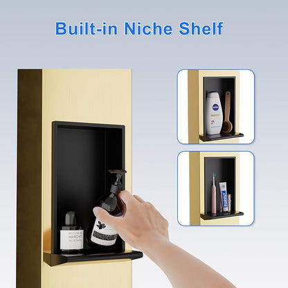 POPFLY Shower Panel Tower System with Shelf, Adjustable Shower Arm Height 8-inch Rainfall Head System, Stainless Steel Shower Panel, 6 Body Jets and 5-Setting Handheld Shower, Brushed Gold