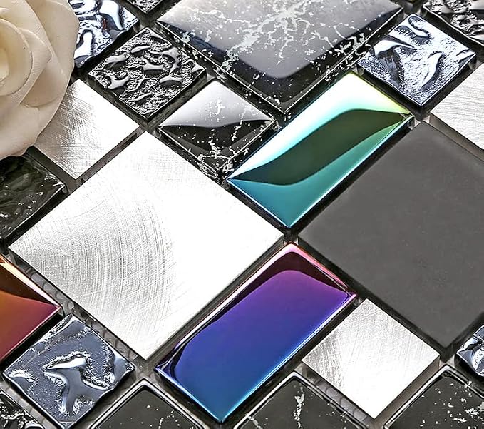 Wall Backsplash Tile Black Glass Silver Metal Iridescent Vibrant Colors for Home Project Kitchen Bathroom Shower Accents Walls Decoration TSTMGB026 (5 Square Feet)