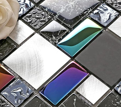 Wall Backsplash Tile Black Glass Silver Metal Iridescent Vibrant Colors for Home Project Kitchen Bathroom Shower Accents Walls Decoration TSTMGB026 (5 Square Feet)