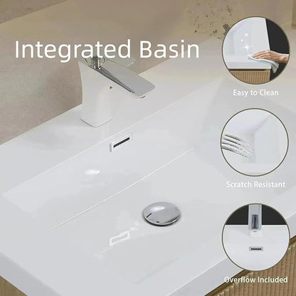 48'' Floating Bathroom Vanity with Sink, Wall-Mounted Bathroom Storage Cabinet with Soft-Close Striped Drawer, Cabinet Door & Solid Surface Basin, Natural Oak Body with Internal Handle, Wood