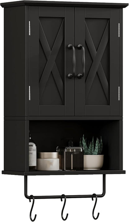 ChooChoo Farmhouse Medicine Cabinet, Bathroom Wall Cabinet with Adjustable Shelf, Towel Bar, 3 Hooks, Over The Toilet Storage Cabinet for Bathroom, Kitchen, Black