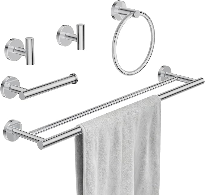 Chrome Bathroom Hardware Accessories Set 5 pcs Double Towel Holder Bar Set | 24 inches Stainless Steel Towel Bar, Towel Racks for Bathroom Robe Towel Hooks Toilet Paper Holder Wall Mounted by BATHLAVISH