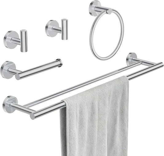 Chrome Bathroom Hardware Accessories Set 5 pcs Double Towel Holder Bar Set | 24 inches Stainless Steel Towel Bar, Towel Racks for Bathroom Robe Towel Hooks Toilet Paper Holder Wall Mounted by BATHLAVISH
