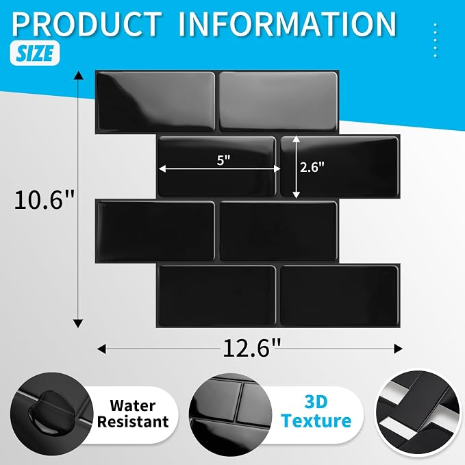 Art3d Faux Ceramic Subway Tile, Peel and Stick Backsplash, 10-Pack, Black | 12.6 x 10.6 in, Thickened Design, Heavy-Duty, Strong Adhesive, for Kitchen, Bedroom, Countertop Decor, Ideal for Home Upgrade