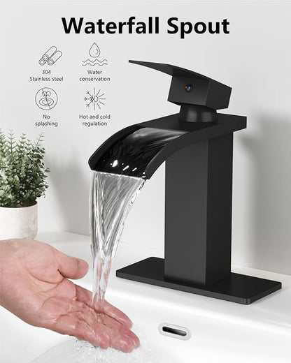 Waterfall Bathroom Faucet 1 Hole, Single Hole Bathroom Faucet, Single Handle Vanity Sink Faucet with Deck Plate, Pop-up Drain & Supply Lines, Matte Black