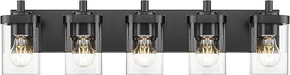 Bathroom Light Fixtures, 5-Light 30" Vanity Light with Square Clear Glass Shade, Modern Matte Black Wall Sconces, Vanity Lighting Fixtures Over Mirror, VL194-MB-5
