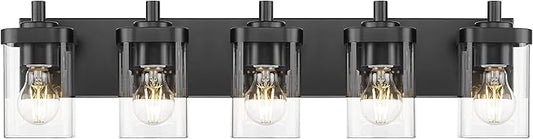 Bathroom Light Fixtures, 5-Light 30" Vanity Light with Square Clear Glass Shade, Modern Matte Black Wall Sconces, Vanity Lighting Fixtures Over Mirror, VL194-MB-5