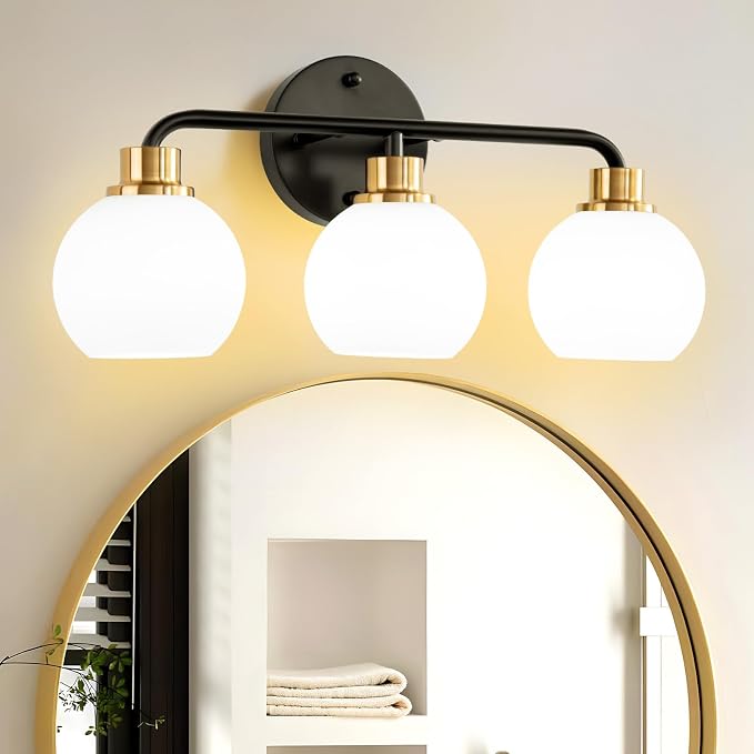 3 Light Bathroom Vanity Light, Black and Gold Bathroom Light Fixtures | with Milk Glass Shade Modern Wall Sconces Lighting Bath Wall Lights Lamp for Mirror Kitchen Living Room Bedroom Hallway