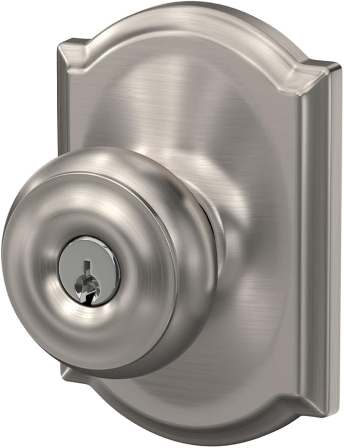 SCHLAGE F51A GEO 619 CAM Georgian Knob with Camelot Trim Keyed Entry Lock, Satin Nickel