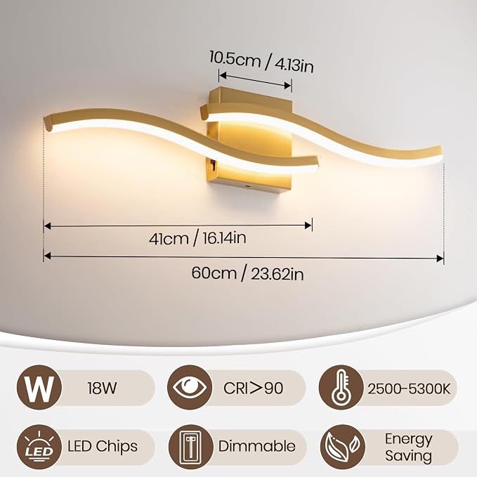 Gold Curved Bathroom Vanity Light Fixture Over Mirror, 23.62 inch Modern LED Wall Lamp 5CCT Dimmable Bathroom Light Fixture Modern Vanity Lighting Wall Sconces