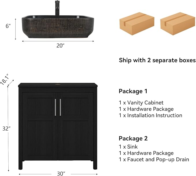 YOURLITE 30" Bathroom Vanity with Sink, Black Bathroom Vanity and Sink Combo with Faucet & Pop Up Drain Set,Traditional Vanity with with Black & Gold Ceramic Sink