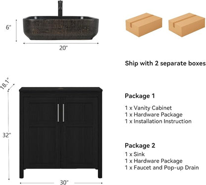 YOURLITE 30" Bathroom Vanity with Sink, Black Bathroom Vanity and Sink Combo with Faucet & Pop Up Drain Set,Traditional Vanity with with Black & Gold Ceramic Sink