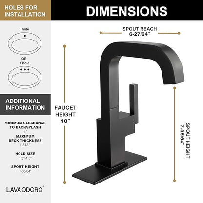 Black Bathroom Faucet Single Hole, Lava Odoro Bathroom Black Sink Faucet Single Handle Matte Black Vanity Faucet with Drain Assembly, Solid Brass Vessel Sink Faucet Deck Plate Included, BF204-MB