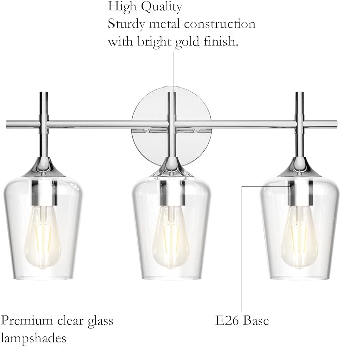 Ralbay Vintage 3 Light Vanity Light Fixture Industrial Chrome Bathroom Light Fixtures Over Mirror Clear Glass Chrome Vanity Light for Bathroom Wall Lighting Fixtures Over Mirror