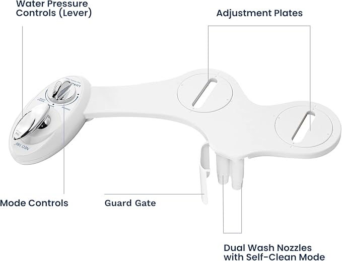 LUXE Bidet NEO 180 - Dual Nozzle, Self-Cleaning, Non-Electric Bidet Attachment for Toilet Seat, Adjustable Water Pressure, Rear & Feminine Wash, with Lever Control (White)