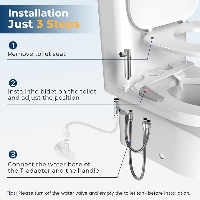 DEANIC 2-in-1 Bidet Attachment with Handheld Bath Bidet Sprayer, Ultra-Slim Adjustable Water Pressure Nozzle, Cold Water Non Electric Hand Sprayer for Toilet Seat (Sliver White)