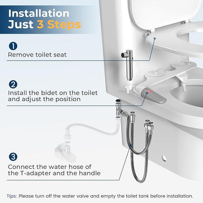 DEANIC 2-in-1 Bidet Attachment with Handheld Bath Bidet Sprayer, Ultra-Slim Adjustable Water Pressure Nozzle, Cold Water Non Electric Hand Sprayer for Toilet Seat (Sliver White)