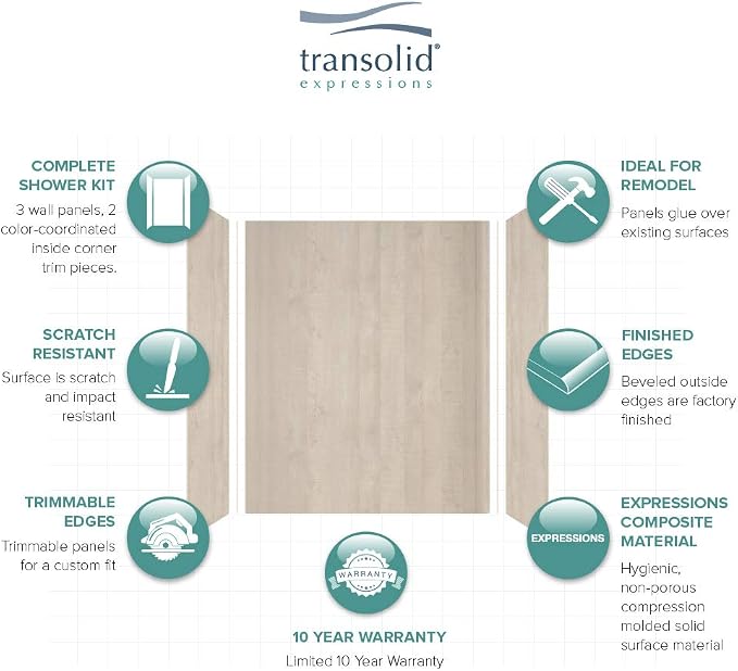 Transolid EWK603672-45 Expressions 3-Panel Shower Wall Kit, 36-in L x 60-in W x 72-in H, Bleached Oak