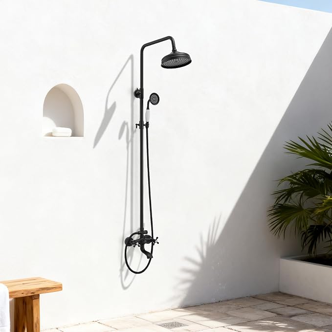 Homevacious Matte Black Outdoor Shower Kit Exposed Shower | 8 Inch High Pressure Rain Shower Head with Hand Spray Bathroom Shower Faucet System Double Knobs Cross Handle 3-function