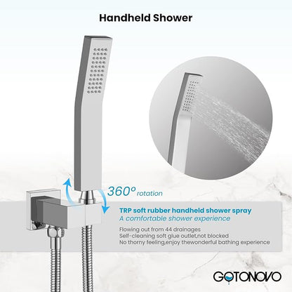 gotonovo Tub Shower Faucet Set with Valve Kit 8’’ Head,Polished Chrome | Shower System with Tub Spout,SUS304 Rain Head with Handheld Sprayer,Swivel Spout,All Metal,Rough-In Valve Trim Kit,Wall Mount