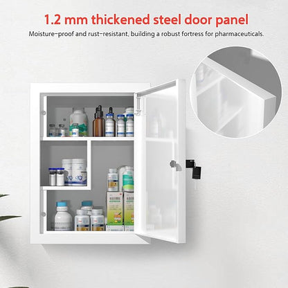 Locking Medicine Cabinet Wall-Mount: Storage Cabinet with Lock & Key - White Metal First Aid Kits for Childproofing and Family Safety
