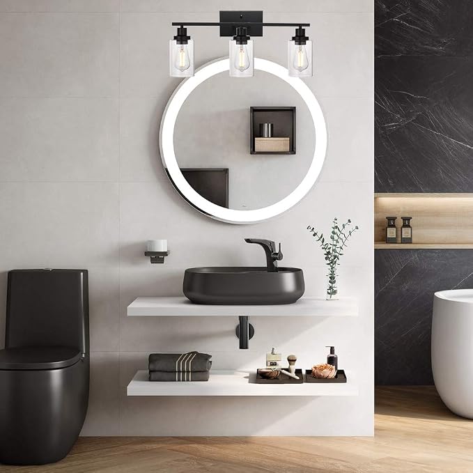 MELUCEE Bathroom Vanity Light Fixtures 3 Lights Black with Clear Glass | Metal Wall Sconce for Bedroom Living Room Hallway Kitchen (Patent No.: US D963914 S) 20.5 Inch