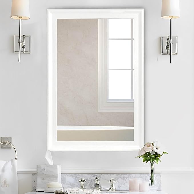 Tanmicoshomy White Bathroom Mirror 20x30 Inch, Wood Wall Mirror with Tempered Glass for Bathroom Living Room Bedroom or Hallway