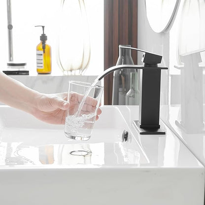 BWE Matte Black Bathroom Faucet Modern Waterfall Single Hole Faucet for Bathroom Sink Single Handle with Pop Up Drain with Overflow Assembly and Supply Line Lavatory Bath Faucet