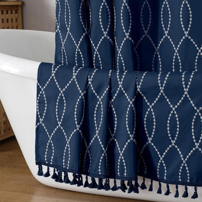 OVZME Navy Blue Stall Shower Curtain for Bathroom, Puff Printed Textured Shower Curtain with Tassels, Geometry Heavy Duty Vintage Country Narrow Bathroom Curtain, Water Resistant Fabric, 36Wx72L