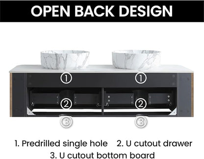 60" Preassembled Double Floating Bathroom Vanity with Carrara Sink, Oak | IMPORTANT: Before first use, please remove the protective foam insert beneath the drawer to ensure smooth, proper operation.