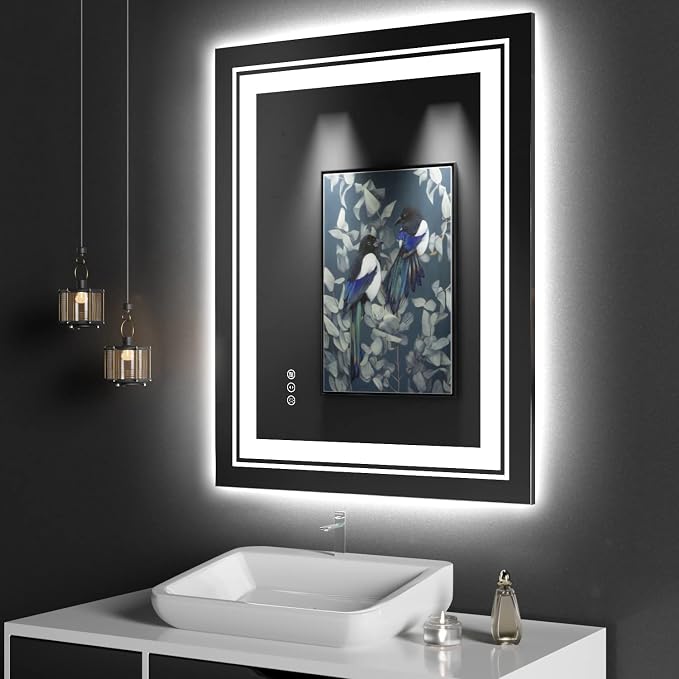 Snowdool LED Bathroom Mirror, 28"x36" with Front and Backlit, Anti-Fog, Bathroom Vanity Mirror for Wall, Memory Function, Stepless Dimmable, Tempered Glass (Horizontal/Vertical) | Front and Backlit, Stepless Dimming, Anti-Fog, Memory Function