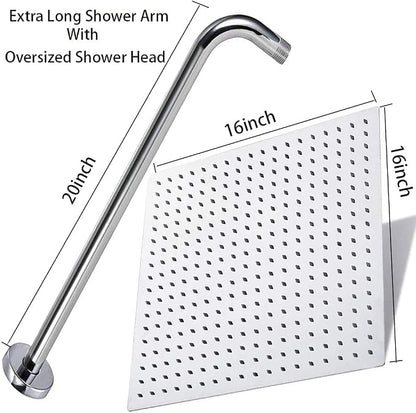 NearMoon Square Rain Shower Head With Extension Arm, Large Stainless Steel Rainfall Shower-Waterfall Full Body Coverage (16 Inch, Chrome)