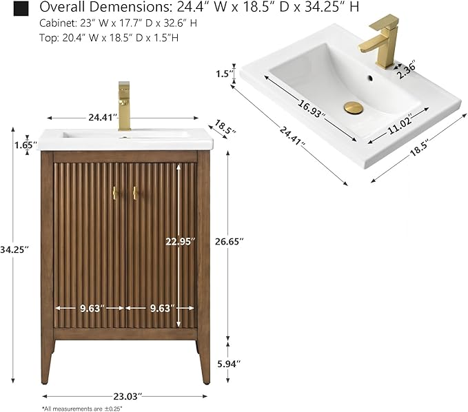 HOMEBEYOND 24" Bathroom Vanity with Ceramic Sink, Solid Wood Free-Standing Vanities Cabinet, Ceramic Top, Golden Brushed Handware & Soft Closing Door, Walnut