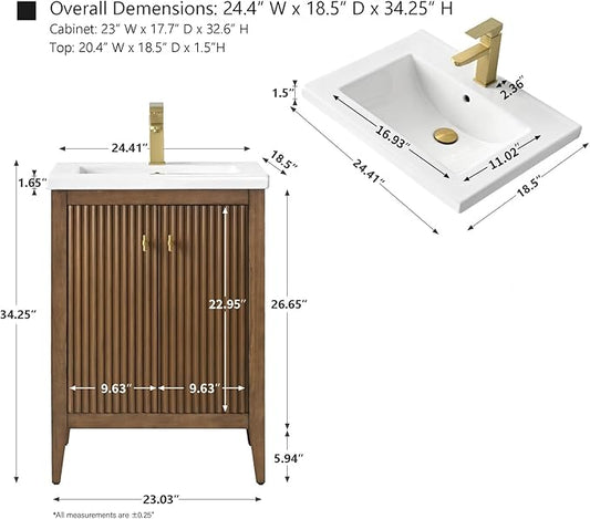 HOMEBEYOND 24" Bathroom Vanity with Ceramic Sink, Solid Wood Free-Standing Vanities Cabinet, Ceramic Top, Golden Brushed Handware & Soft Closing Door, Walnut
