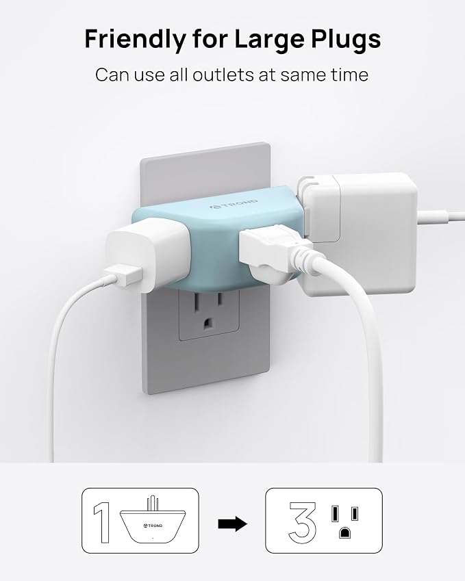 TROND Outlet Extender, No Blocking with 3 Way Angled, Mint Green | 3-Prong Grounded Wall Outlet Adapter, Cruise Essentials, Compact and Practical Plug Expander for Home Travel Essentials
