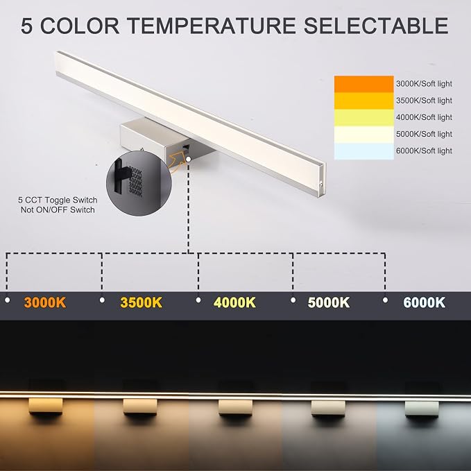 16W LED Vanity Light Bar, 19.6-Inch Brushed Nickel Bathroom Fixture, 5CCT Color Changeable & Dimmable Over-Mirror Lighting