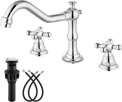 gotonovo Bathroom Faucet 3 Hole Vintage, Polish Chrome, Hot Cold Label | Widespread Bathroom Sink Faucet 8 Inch 2 Cross Handles,Pop Up Drain,cUPC Supply Line,4-15.7” Install,for Vanity Farmhouse RV