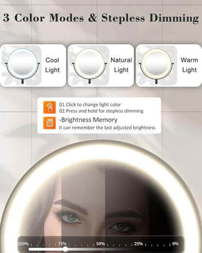 9'' 30X/1X Wall Mounted Height Adjustable Lighted Magnifying Makeup Mirror | 5000mAh Rechargeable Bathroom Mirror with 3 Color Modes Light, Extended Arm Space Saving for Apartment, Hotel, Rental House