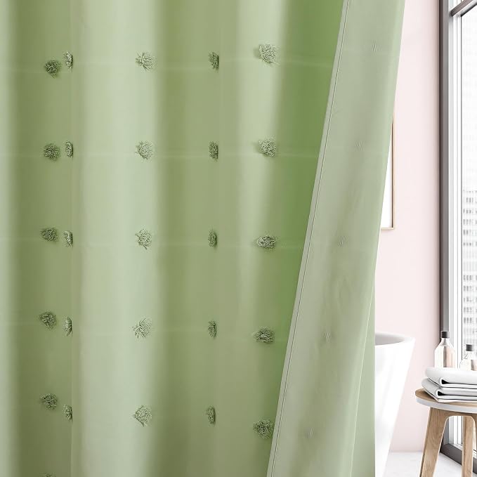 LilyCat Green Farmhouse Tufted Floral Shower Curtain with Tassel, 72" x 78" | Waterproof Boho Fabric Shower Curtain Set with Hooks, Cute Rustic Vintage Bathroom Décor, Minimalist Cloth Bathroom Curtain