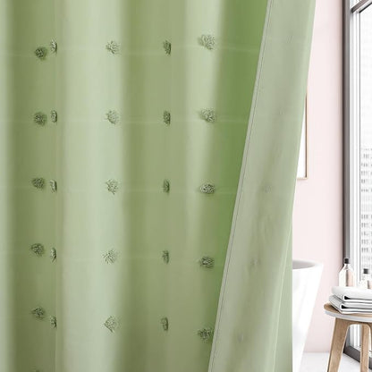LilyCat Green Farmhouse Tufted Floral Shower Curtain with Tassel, 72" x 78" | Waterproof Boho Fabric Shower Curtain Set with Hooks, Cute Rustic Vintage Bathroom Décor, Minimalist Cloth Bathroom Curtain