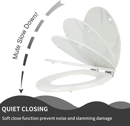 Angel Shield Marble Toilet Seat Durable Molded Wood with Quiet Close,Easy Clean，Quick-Release Hinges (Elongated,White Marble)