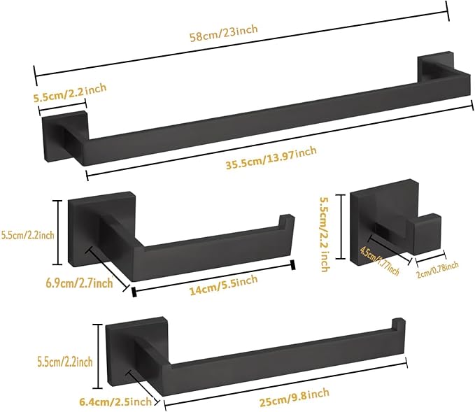 4-Piece Bathroom Hardware Set, Towel Rack Towel Bar Towel Holder Toilet Paper Holder Matte Black Towel Hooks Modern Square Stainless Steel Wall Mounted Bathroom Accessories Set, 23inch